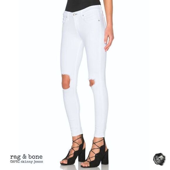 RAG & BONE SKINNY CAPRI JEANS WITH DISTRESSED KNEE HOLES NWT IN BRIGHT WHITE 27 - Picture 9 of 16